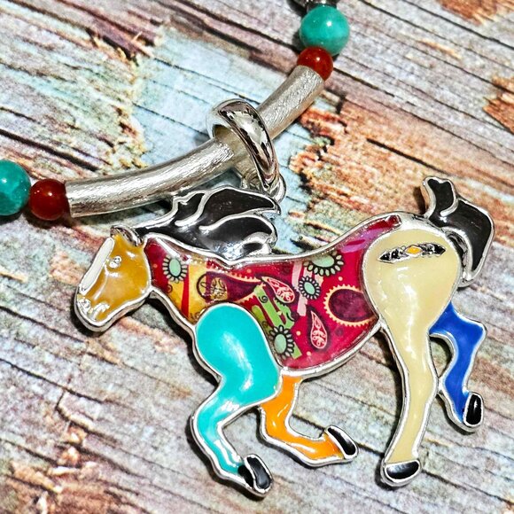 Artisan Hand Crafted Necklace Painted Horses Brown Suede Cord Colorful Beaded - Picture 10 of 12